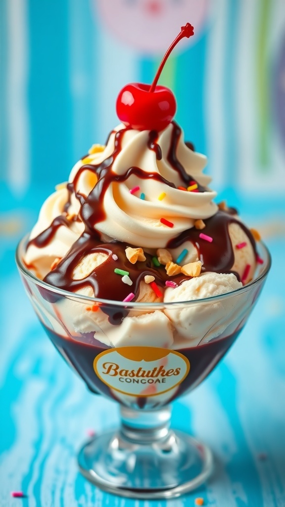 Ice Cream Sundae Recipe A delicious ice cream sundae with vanilla ice cream, chocolate syrup, whipped cream, and a cherry.